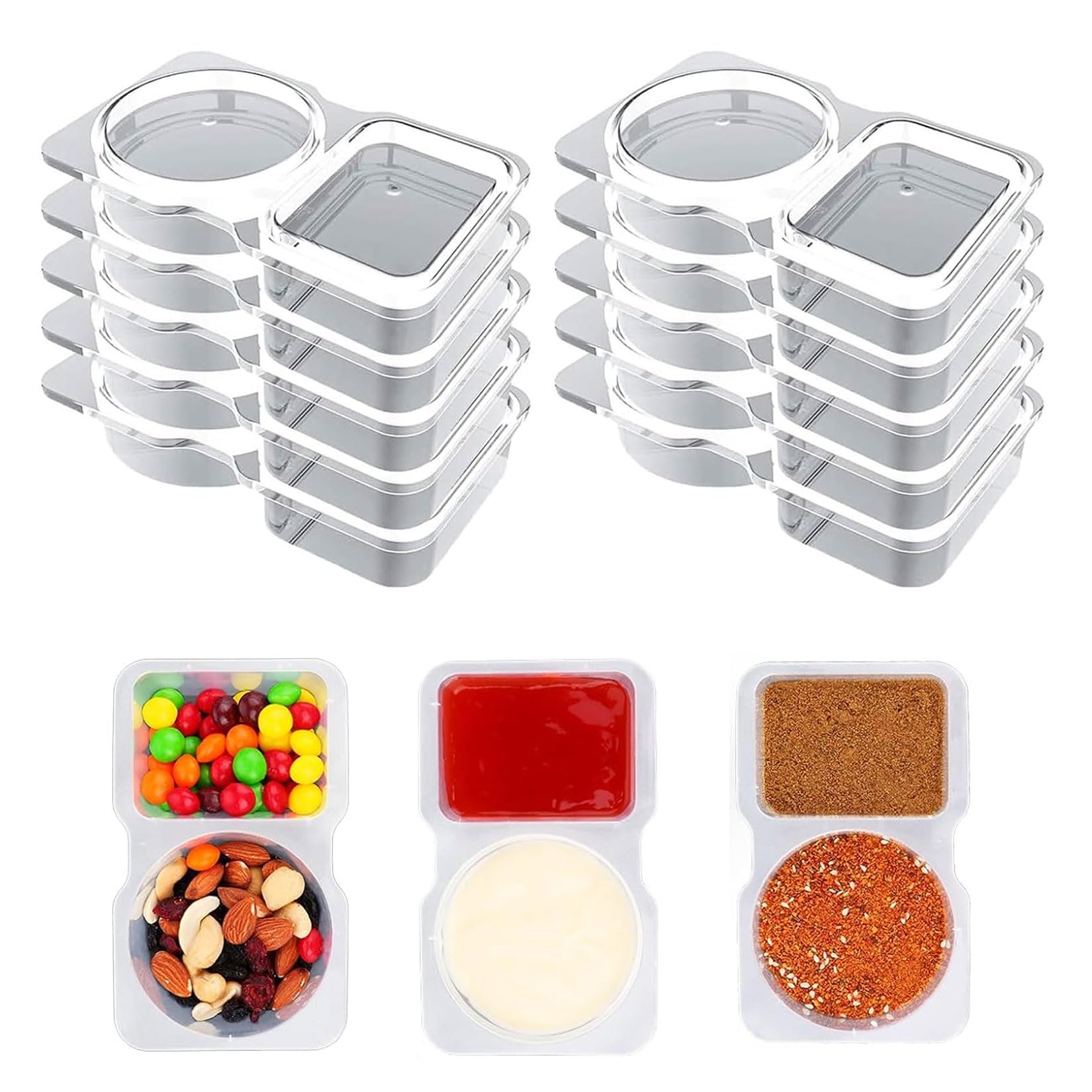 

20pk Reusable 2-Compartment Snack Pots - Portable Plastic Containers w/ Lids чистый