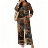 Women's Casual 2 Piece Outfit Set Printed 3/4 Sleeve Button Down Top Wide Leg Pants Wear