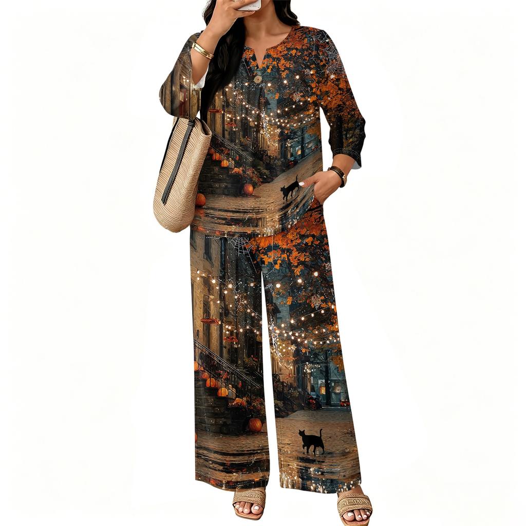 Women's Casual 2 Piece Outfit Set Printed 3/4 Sleeve Button Down Top Wide Leg Pants Wear