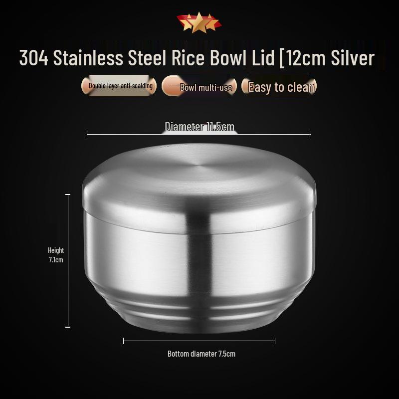 304 Stainless Steel Double-Layer Rice Bowl with Lid - Children's Anti-Scald Insulated Soup & Kimchi Dish, Korean Tableware.
