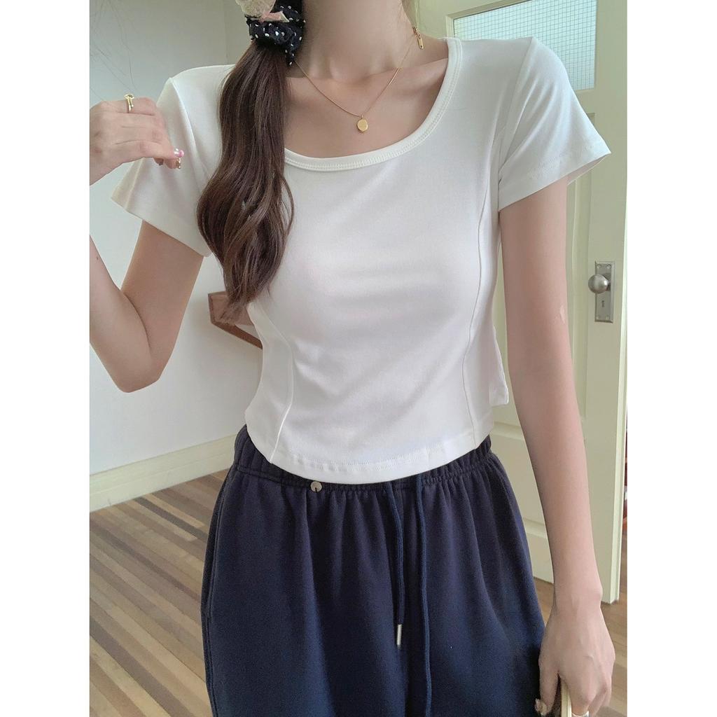 Special Model American Retro U-neck Short-sleeved Women's T-shirt Summer Thin Slim Fit Pure Desire Positive Shoulder Exposed Collarbone Tide