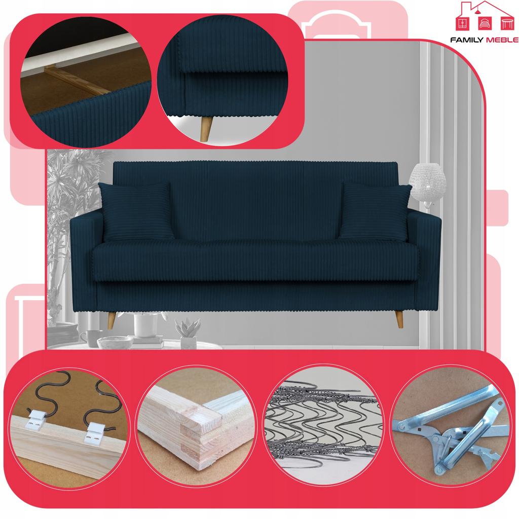 Sofa Bed Rene Sofa Bed with Storage Family Meble Corduroy Navy Blue