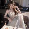 Summer New Elegant High-end Sense Diamond Chain Feather Sling Dress Women's Waisted Slimming Long Skirt
