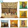 African Tribal Life Oil Painting Sofa Throw Pillow Cover Decorative Cushion Cover Happy Black Family Art Linen Pillowcase