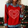 Damenmode Ausgestelltes Langarm Denim Patchwork Sweatshirt Valentinstags-Print Lässiges Pullover-Oberteil