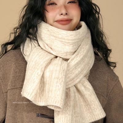 Soft Glutinous Rice White Solid Color Scarf for Women Winter Retro Twist Warm Thickened Knitted Wool College Style Scarf for Men