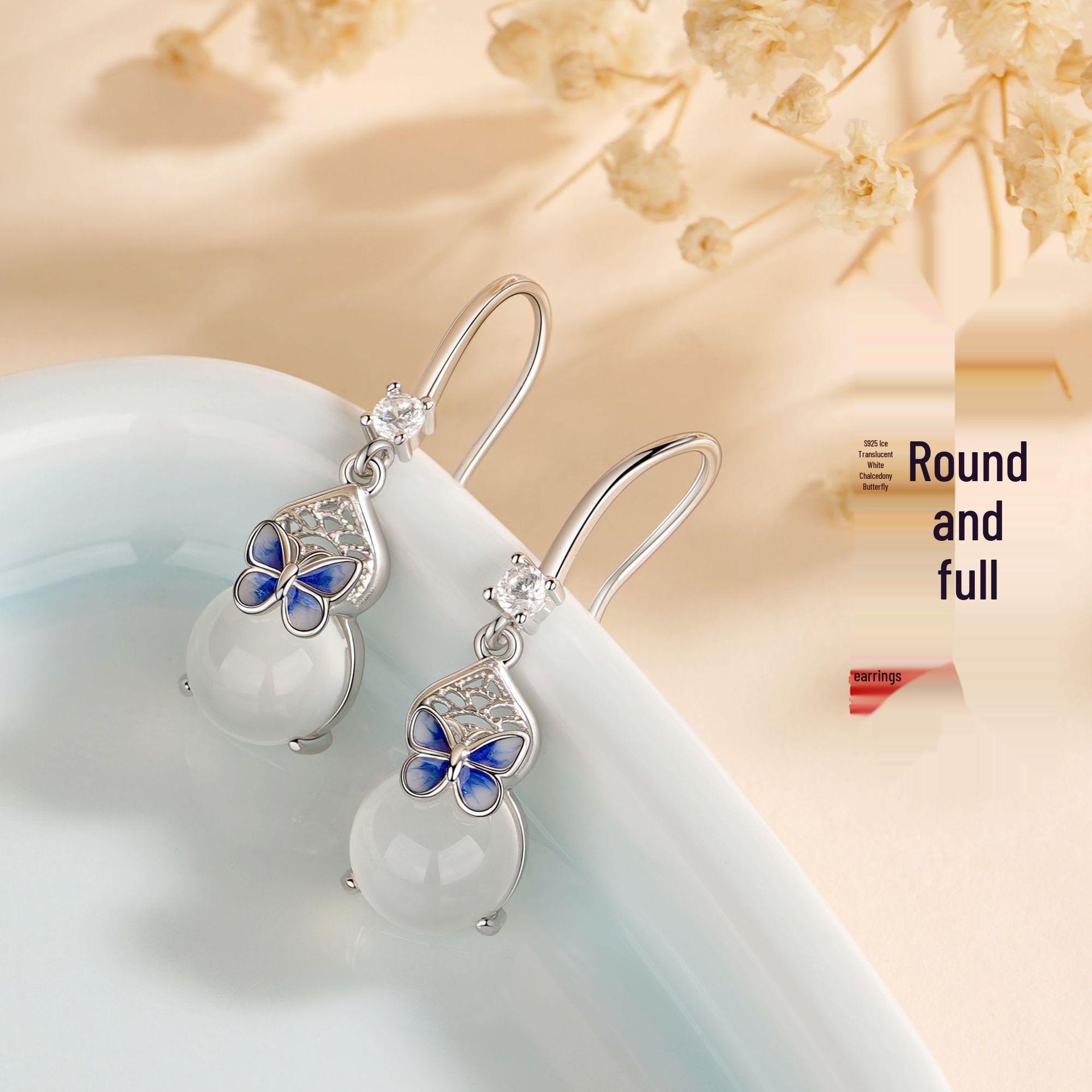 Tichya S925 Silver White Agate Gourd Earrings with Blue Butterfly Design - Chinese Style for Women. 925 Silver платиновый