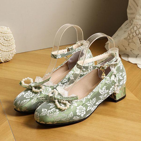 Chinese embroidered shoes spring and summer high heels with cheongsam Hanfu bow pearl Mary Jane shoes