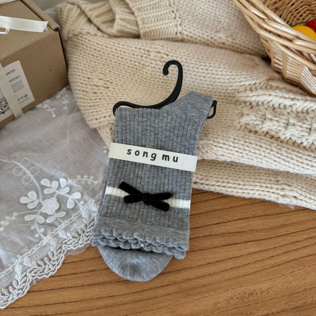 Songmu Velvet Gray Series Medium Tube Women'S Socks Korean Girl Bow Stacking Socks