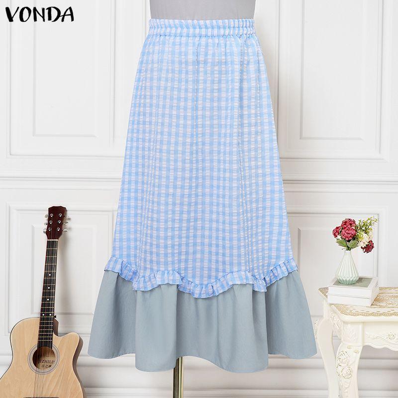 VONDA Vintage Women Elastic Waist Patchwork Plaid Print Ruffled Skirts Pleated Dress M синий