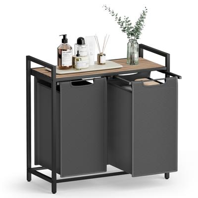 Cesto Portabiancheria, Cesto Portabiancheria a 2 Scomparti, Sacchi Portabiancheria Estraibili e Rimovibili, Organizzatore Biancheria, Mensola, Struttura in Metallo, 2 x 46L
