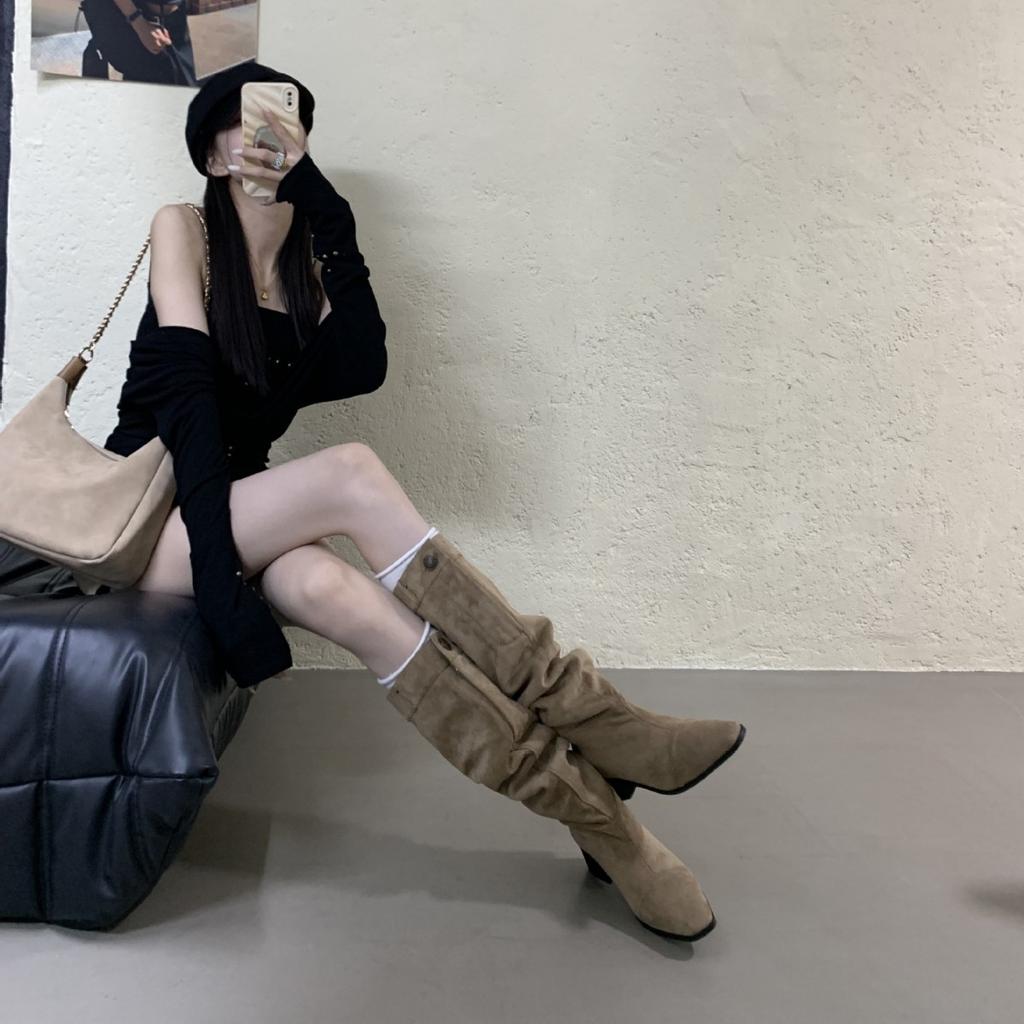 2025 New Autumn and Winter Pleated Piled Boots Round Head Thick Heel Suede Two Wear Knight Women's Boots