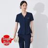Women's Dark Blue Short-Sleeved Suit Set - Summer Professional Attire for Hotel and Jewelry Store Front Desk.