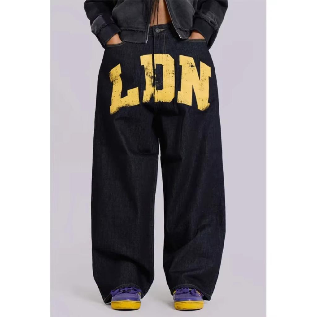 RogueWave American Vintage Letter Print Jeans Women's  Black Gothic Y2k Loose Denim Pants Fashion Hip Hop Wide Leg Casual Streetwear