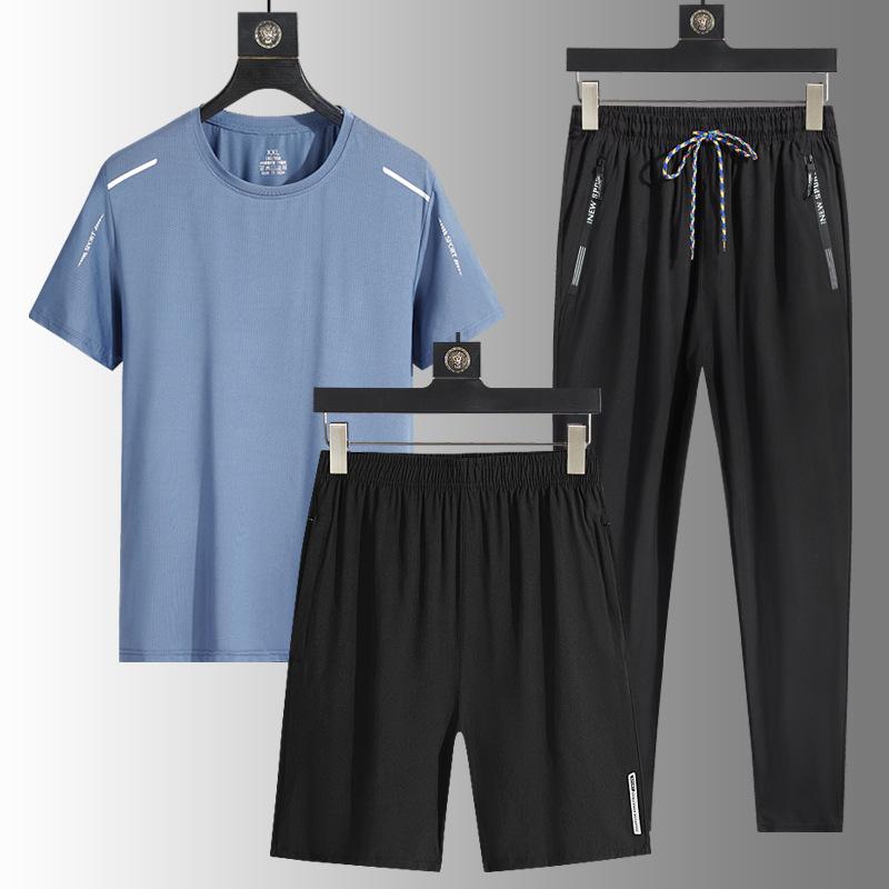 Ice Silk Outdoor Men's Casual Sports Loose Three Piece Set Breathable Quick Drying Round Neck T-shirt Long Pants Men