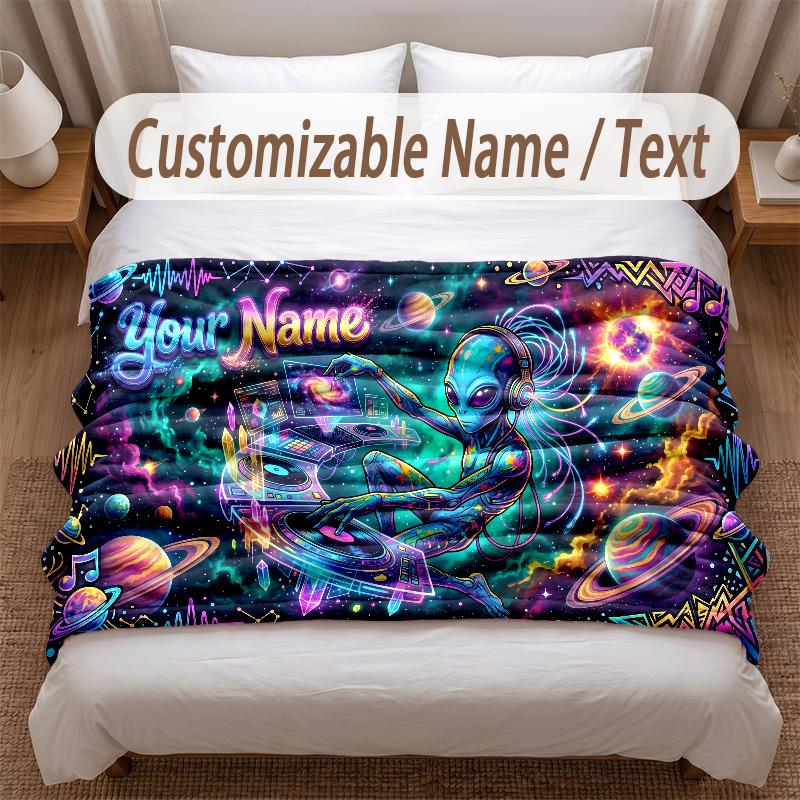 Space Cosmic Theme Soft Blanket Personalized Custom Name Text Print Warm Blanket Home Sofa Bedroom Decor