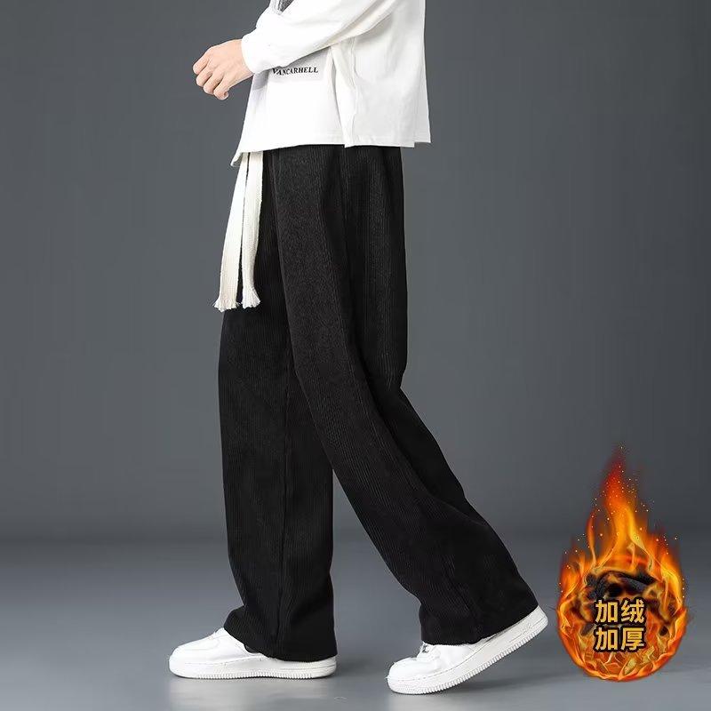 Men's Fleece Lined Thickened Loose Straight Leg Corduroy Wide Leg Youth Casual Long Sports Pants