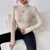 Women's Autumn and Winter High Collar Solid Color Casual Long-sleeved Brushed Pit Strip Knitted T-shirt Clothes Sale