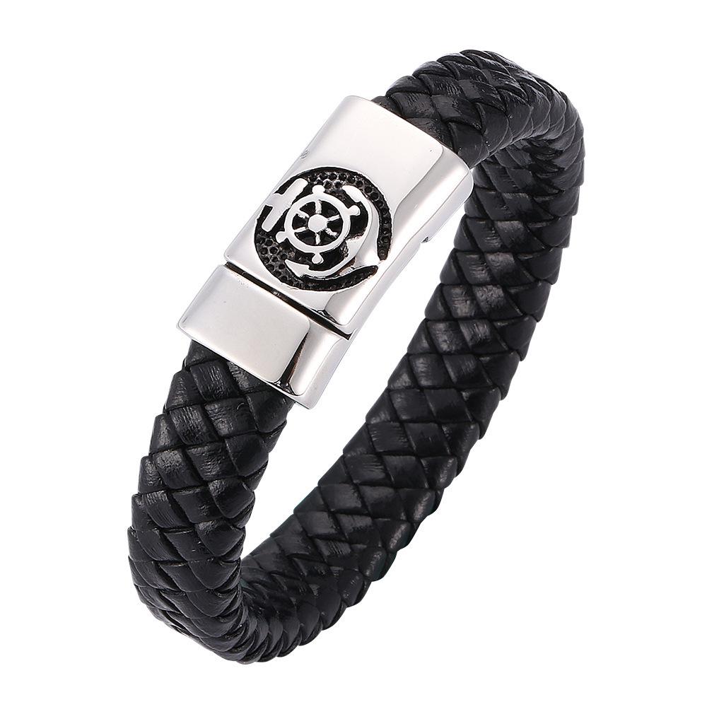 Men's Retro Anchor Leather Bracelet with Magnetic Clasp - Stainless Steel Wristband Accessory
