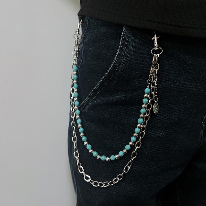 Trendy Blue Cracked Stone Bead Hip Hop Punk Style Keychains For Men Y2K Pants Chain Accesories