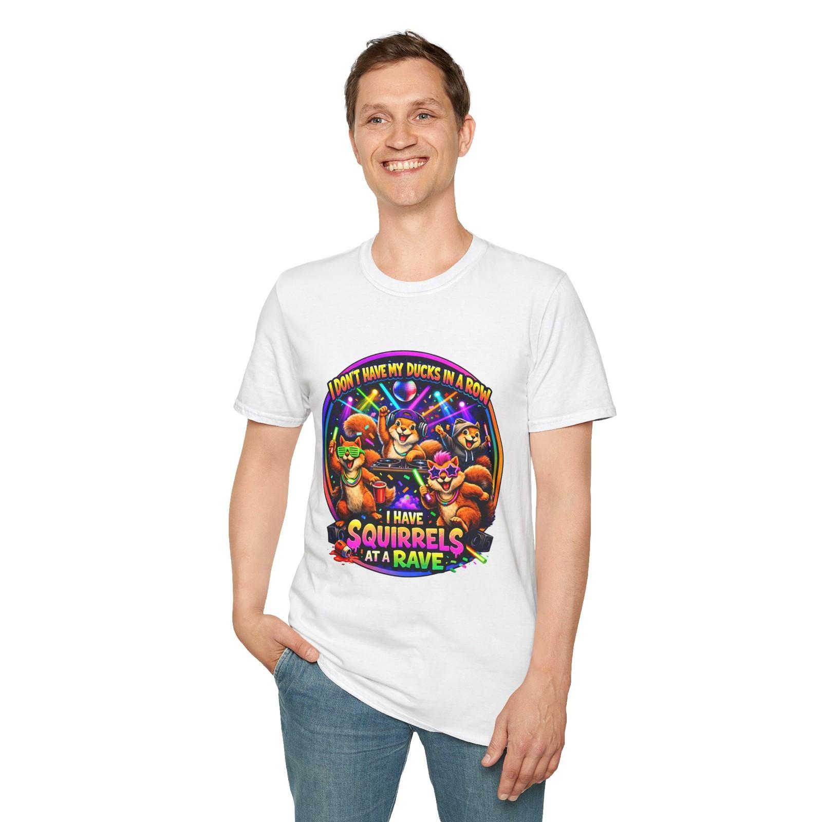 Unisex Softstyle T-Shirt Squirrel Rave Disco Party DJ Glow Sticks Funny Quote S