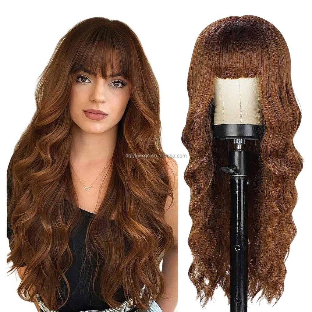Hot Sales 26Inch Brown Mixed Blonde Wigs with Bangs for Women Wavy Curly Hair Heat Resistant Synthetic Fiber Wigs Women Hair