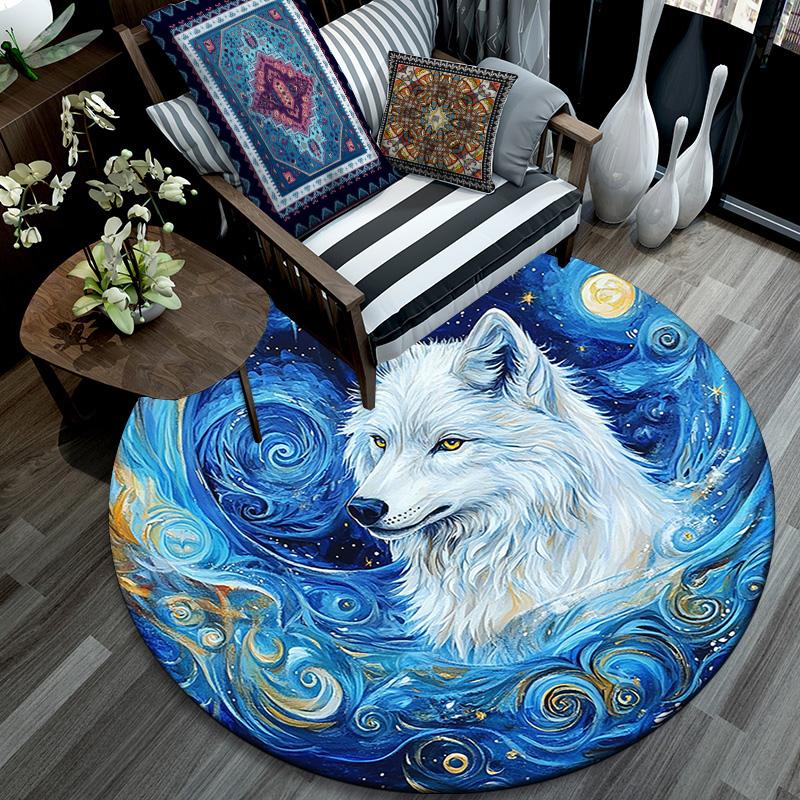 White Wolf Round Area Rug,Carpet Rug for Living Room Bedroom Sofa Playroom Decor,Non-slip Floor Mat
