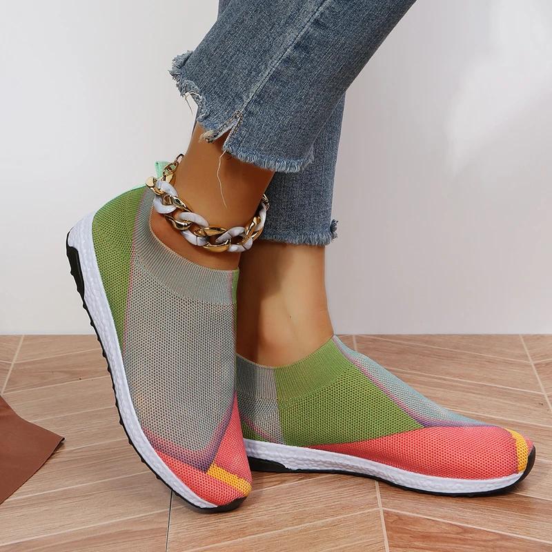 Mode Damen Mix Farben Flache Slipper Neue Slip-on Schuhe Frau Atmungsaktives Mesh Tennis Sneaker Frühling Lässig Outdoor Damen Flache Schuhe