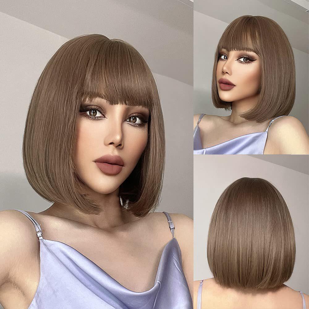 Wig European American Women's Fashionable Synthetic Head Cover Purple Gradient Color Bangs Short Straight Hair Wavy Inner Buckle