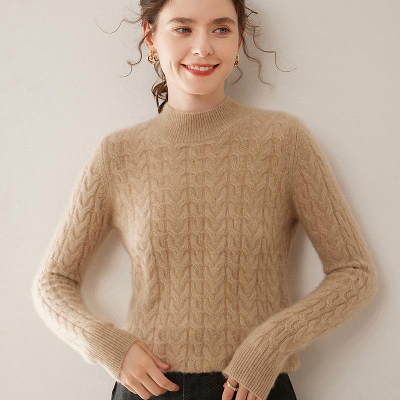 Women's High Neck Cable Knit Cashmere Sweater, Loose Fit, Solid Color, Thick Inner Layer for Autumn/Winter 2024