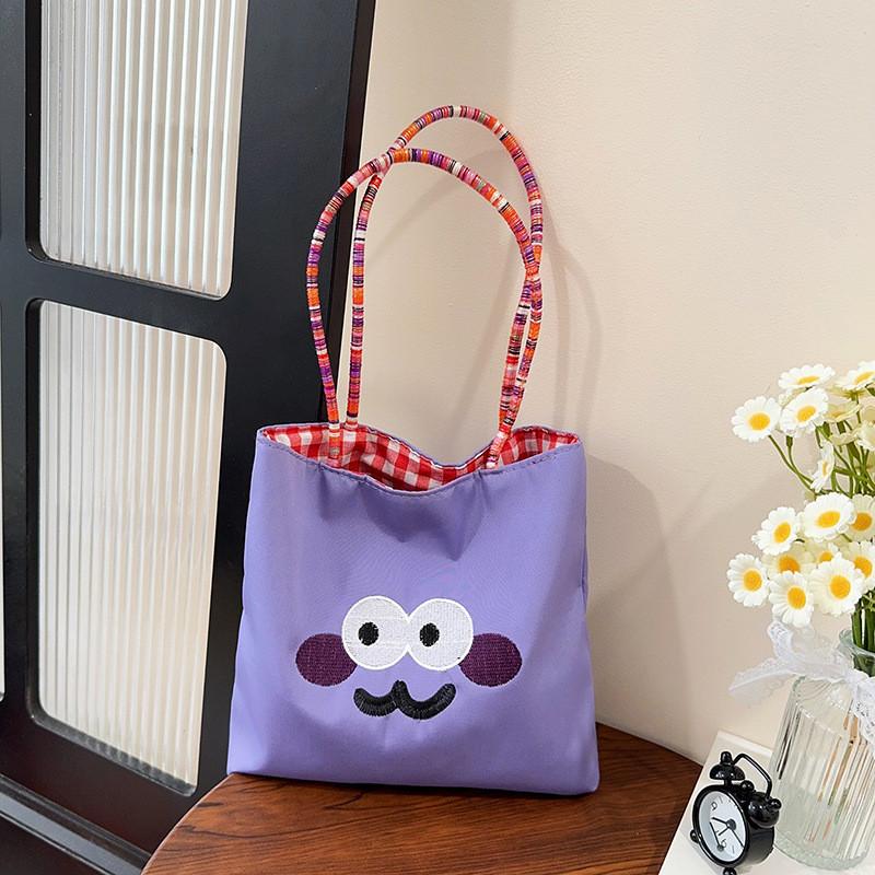Canvas Bag For Women With Cartoon Embroidery Small Handheld Purse For Daily Use