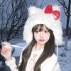 Winter White Plush Caps Red Bow Cute Cat Ear Women Warm Protection Ear WindProof Hat Soft Fashion Accessories Girls Fluffy Hats