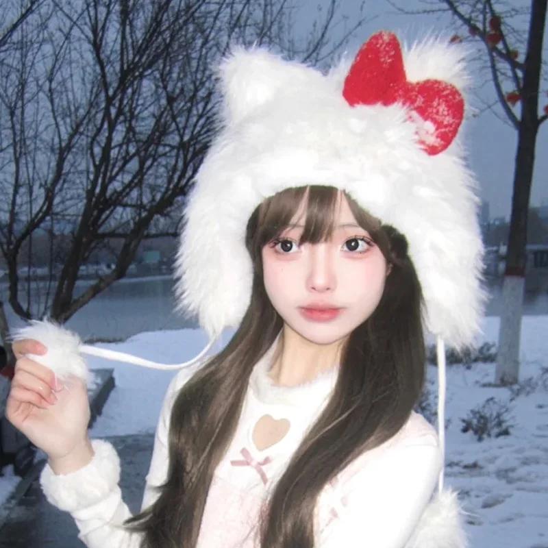 Winter White Plush Caps Red Bow Cute Cat Ear Women Warm Protection Ear WindProof Hat Soft Fashion Accessories Girls Fluffy Hats