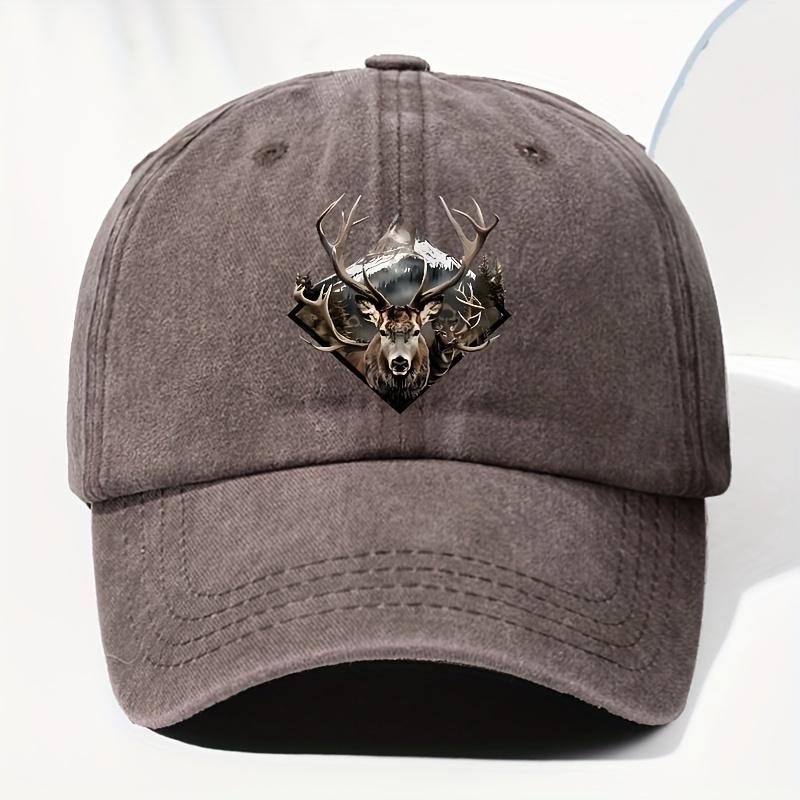 Men Women Vintage Elk Print Trucker Hat Adjustable Soft Top Baseball Cap with Elk Antler Washed Suitable for Outdoor Fis