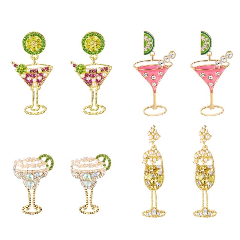 Stylish Wine Glass Earrings Featuring Lemon Charm And Crystals For Women Girls