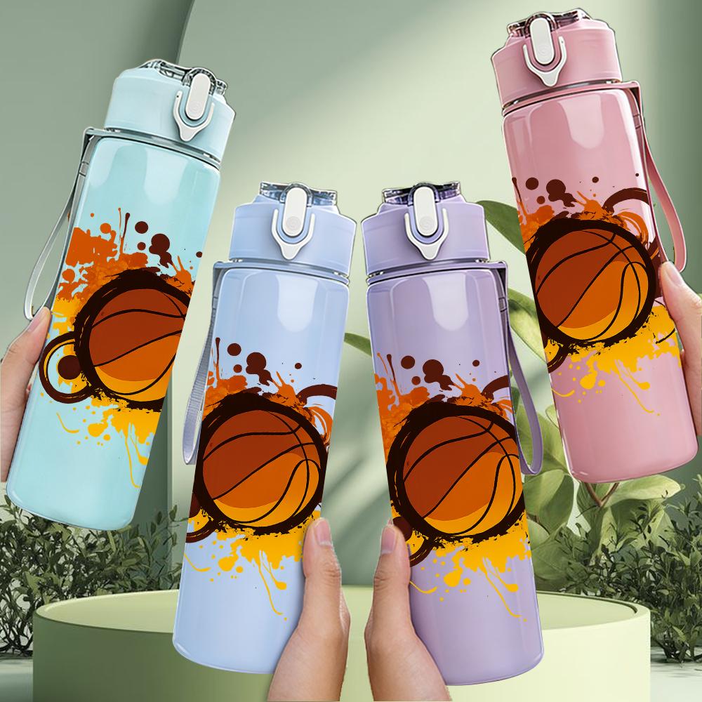 1PC Splashing Orange Basketball Graphic 750ml Color Plastic Sports Water Bottle Leakproof Flip Straw Lid For Sports Office Home Use