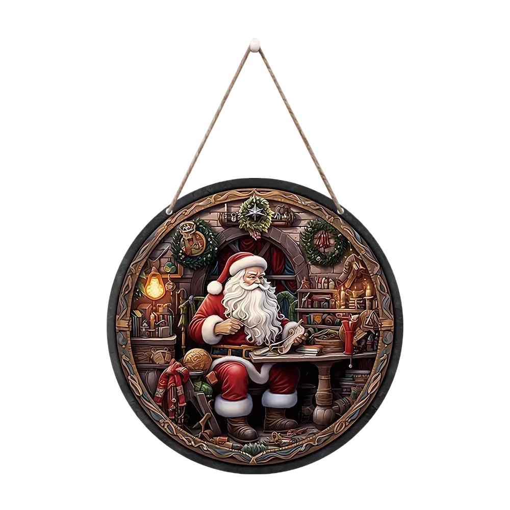 Santa Claus Christmas Wreath Wooden Hanging Sign for Wall, Door, or Window Décor