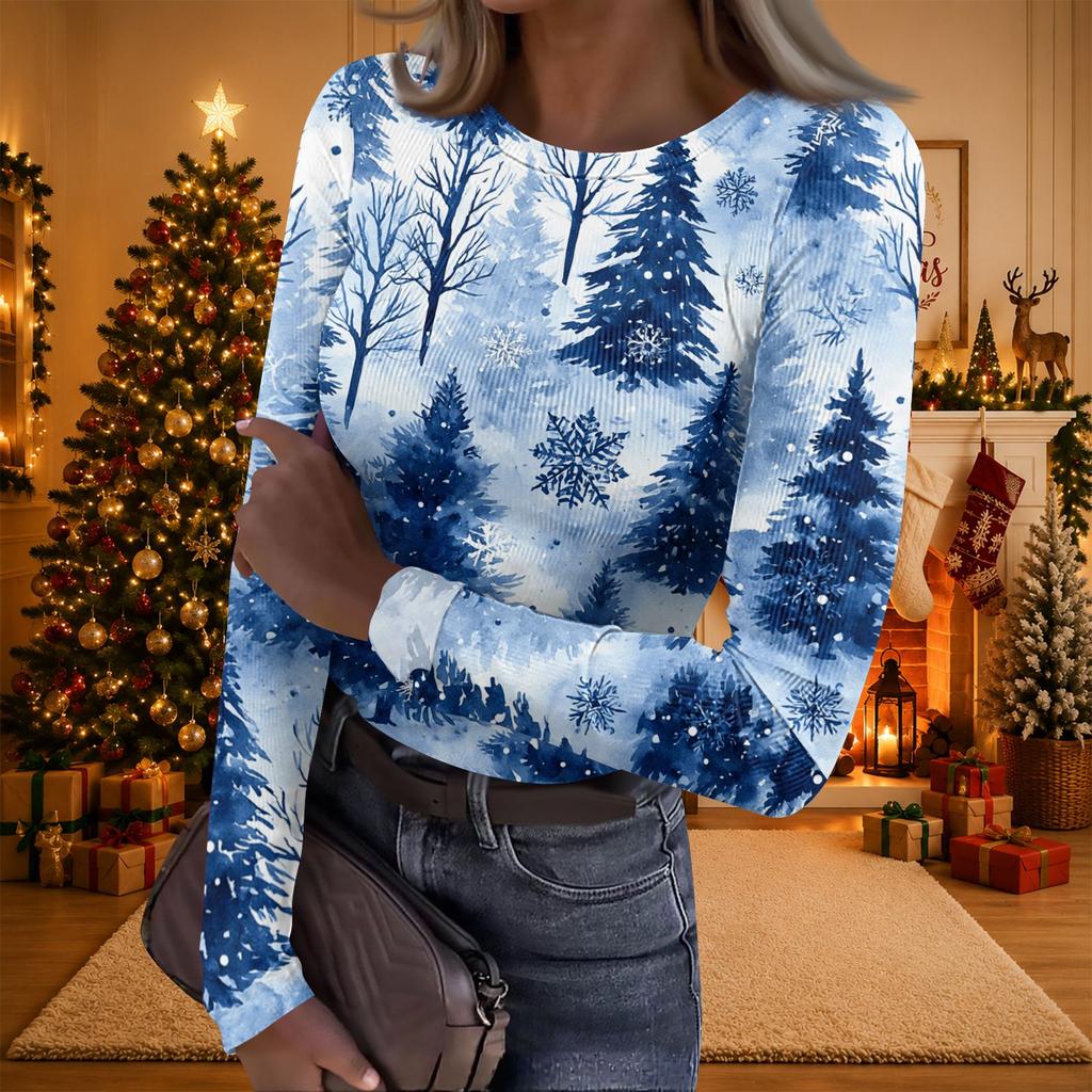 Women's Casual Long Sleeve Christmas Print Neck Ribbed Knit Top