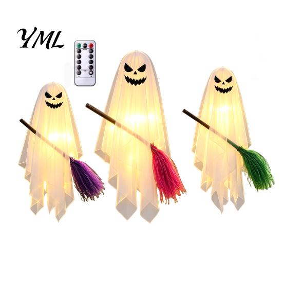 Remote Control Party Lights Halloween Lighted Hanging Ghost with Broom Decor, Flying Broomstick Ornaments Battery Operated Yard Lights, 8 Modes