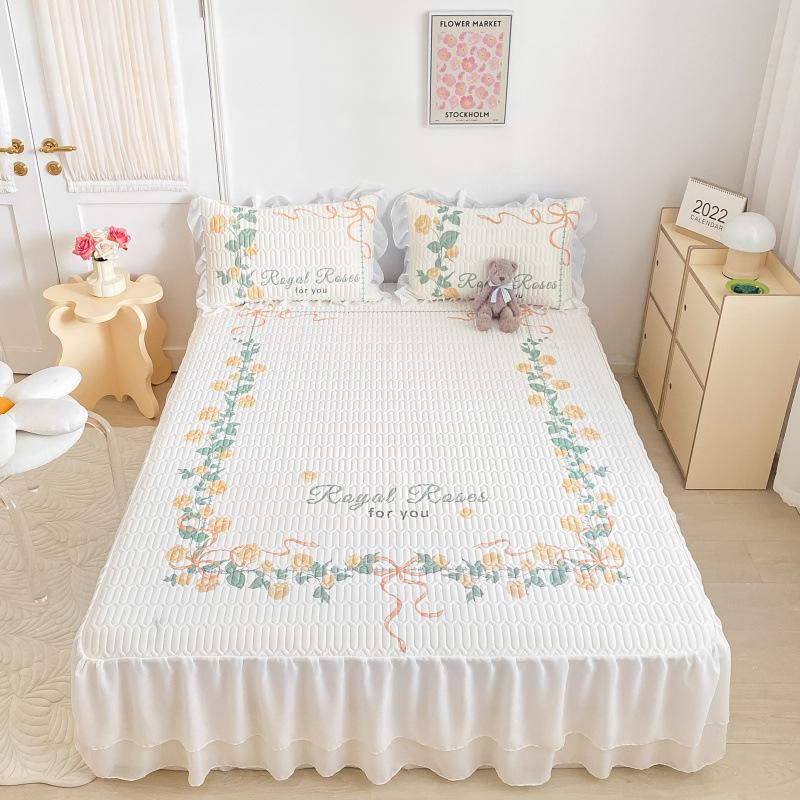 Παχύ στρώμα ύπνου από λάτεξ, σετ τριών τεμαχίων με βολάν κρεβατιού, μικρό φρέσκο, υψηλής ποιότητας δαντέλα σιφόν, πλένεται και διπλώνεται.