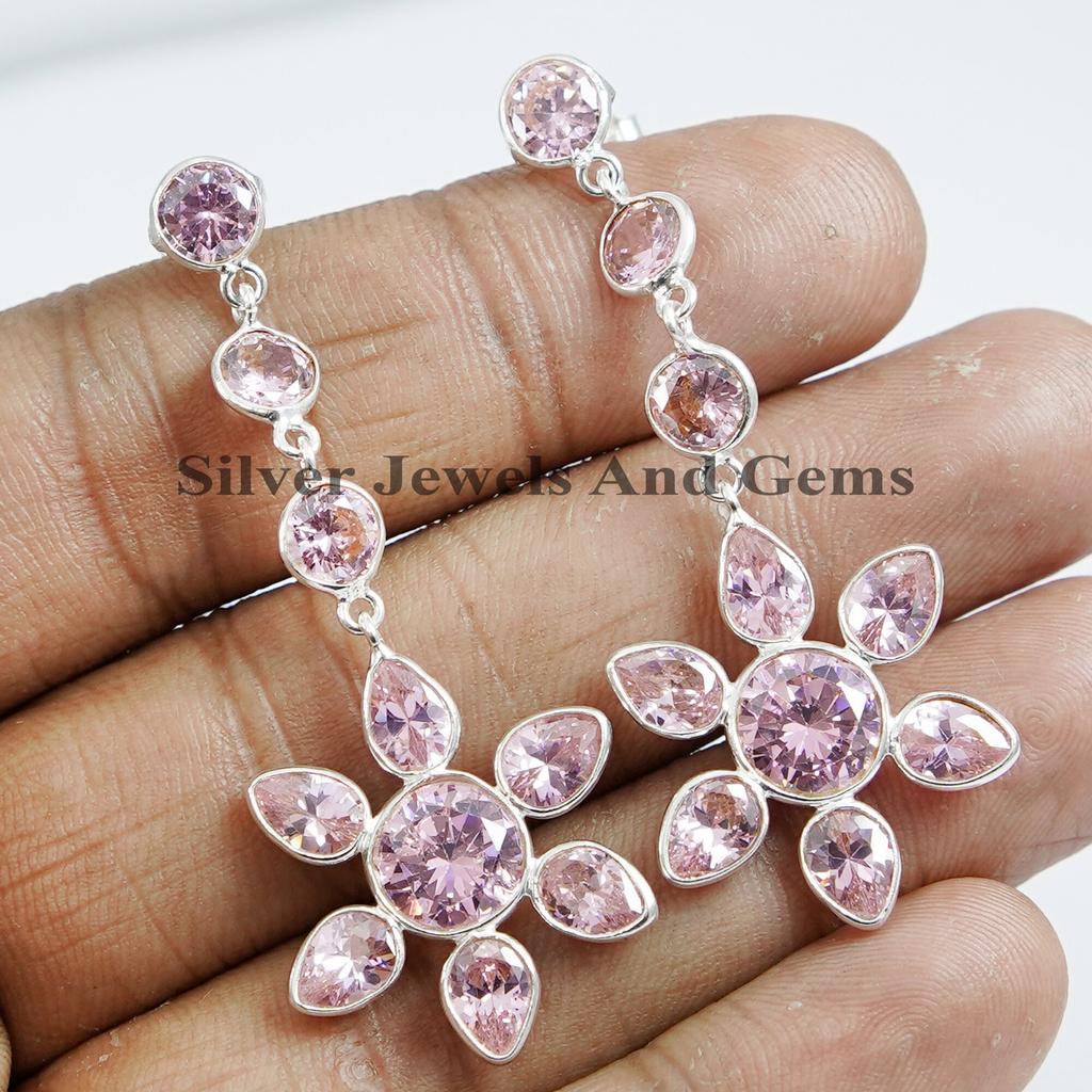 Pink CZ Sterling Silver Stud Earrings: Long Floral Dangle Earrings