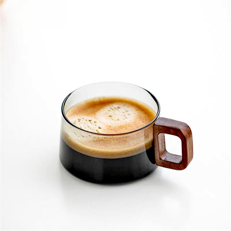300ml Holzgriff Mahlen Kaffee Glas Kaffeetasse mit Tablett Löffel Hitzebeständig Frisch Gemahlener Kaffee Tasse Milch Tee Tasse Trinkgeschirr