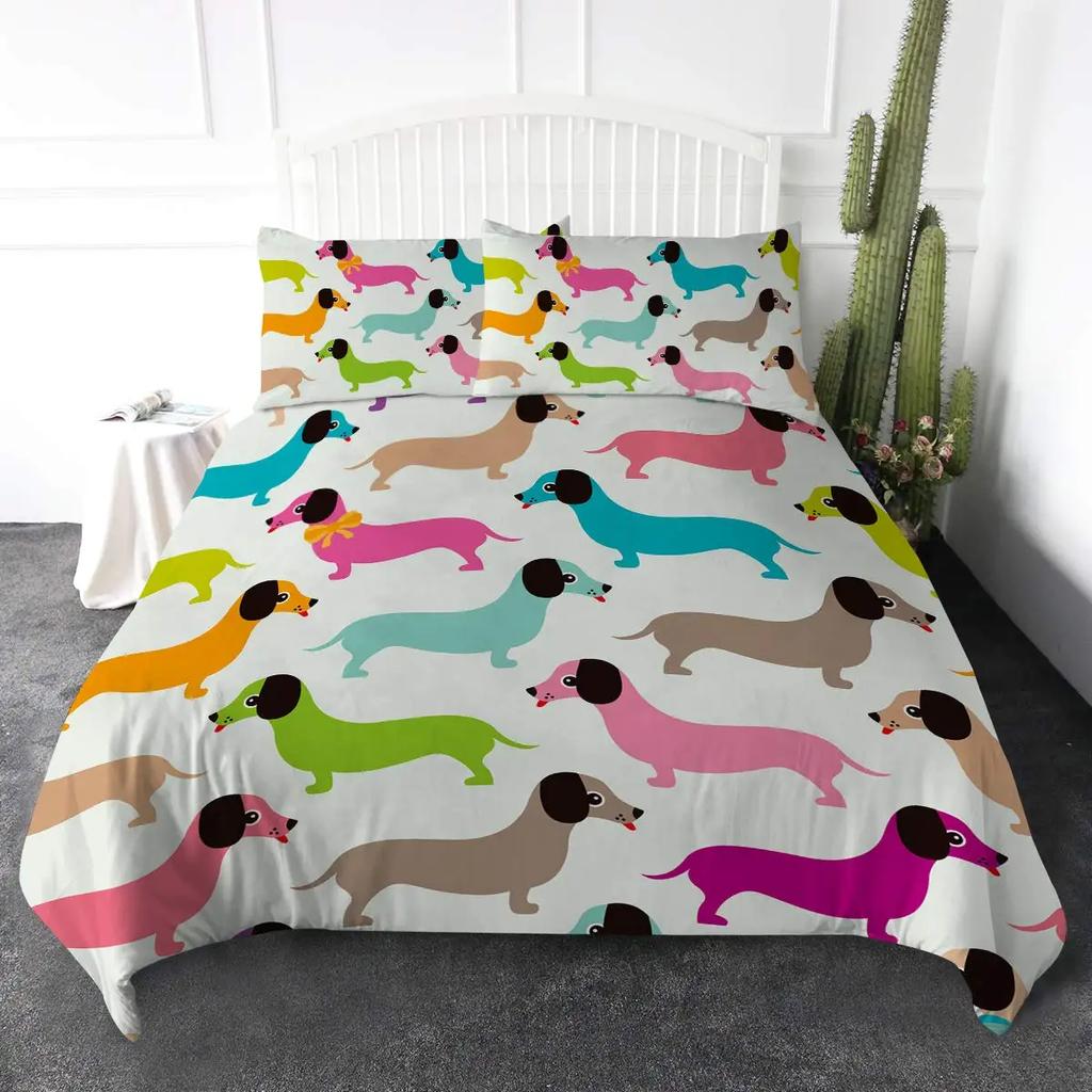 Cartoon Dachshund Bedding Set Cute Sausage Dog Duvet Cover Set Pet Puppy Printed Comforter Cover Animal Polyester Quilt Cover