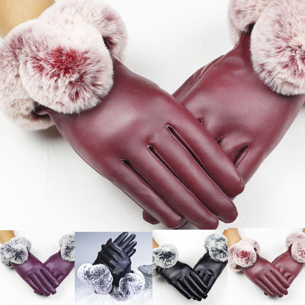 Plus Velvet Waterproof Windproof Touch Screen Mittens Faux Fur Gloves Cashmere Gloves PU Leather