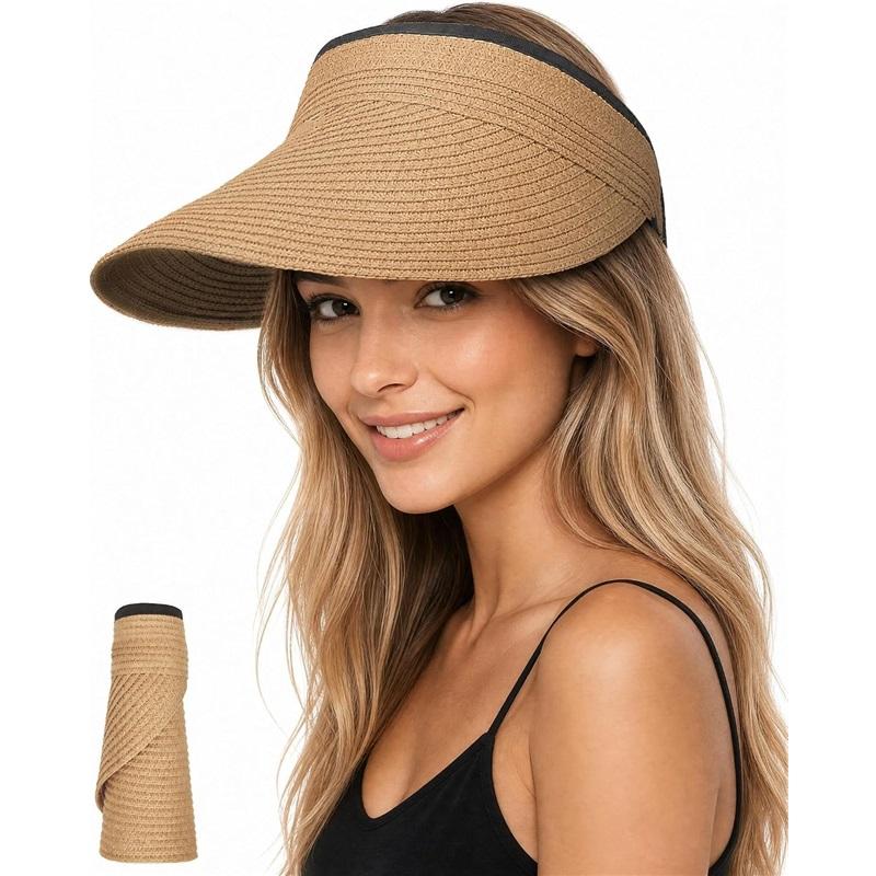 Modische Sonnenhüte mit Schirm für Damen, Stroh-Strandhut, Verstellbarer breiter Rand, für Pferdeschwanz, Zusammenfaltbar für Sommerreisen, UPF 50
