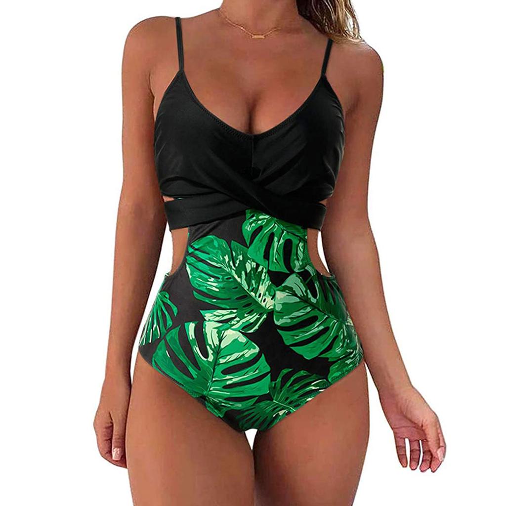 Women Sexy Bikini Swimwear One-Piece Print Patchwork Swimsuit Swimming Beachwear
