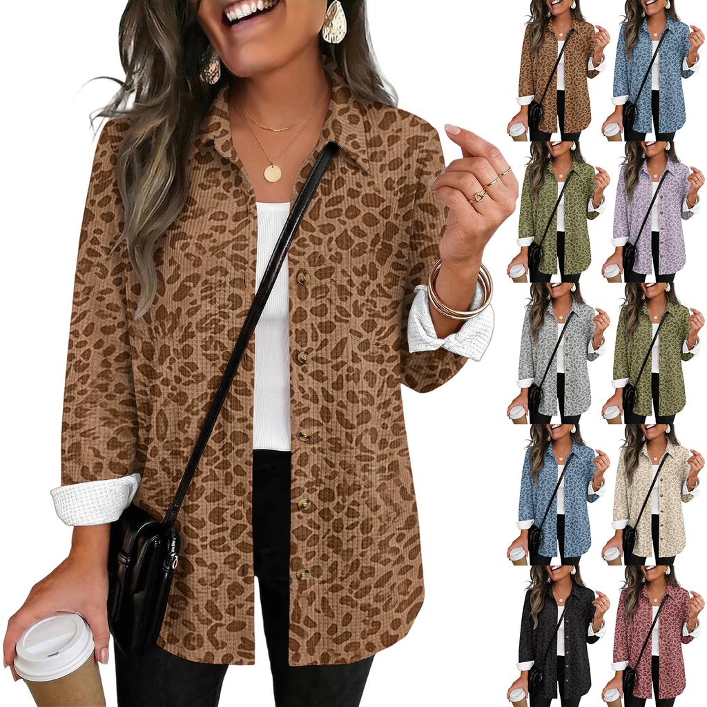Women's Leopard Print Button Down Long Sleeve Shirt Loose Fit Casual Top