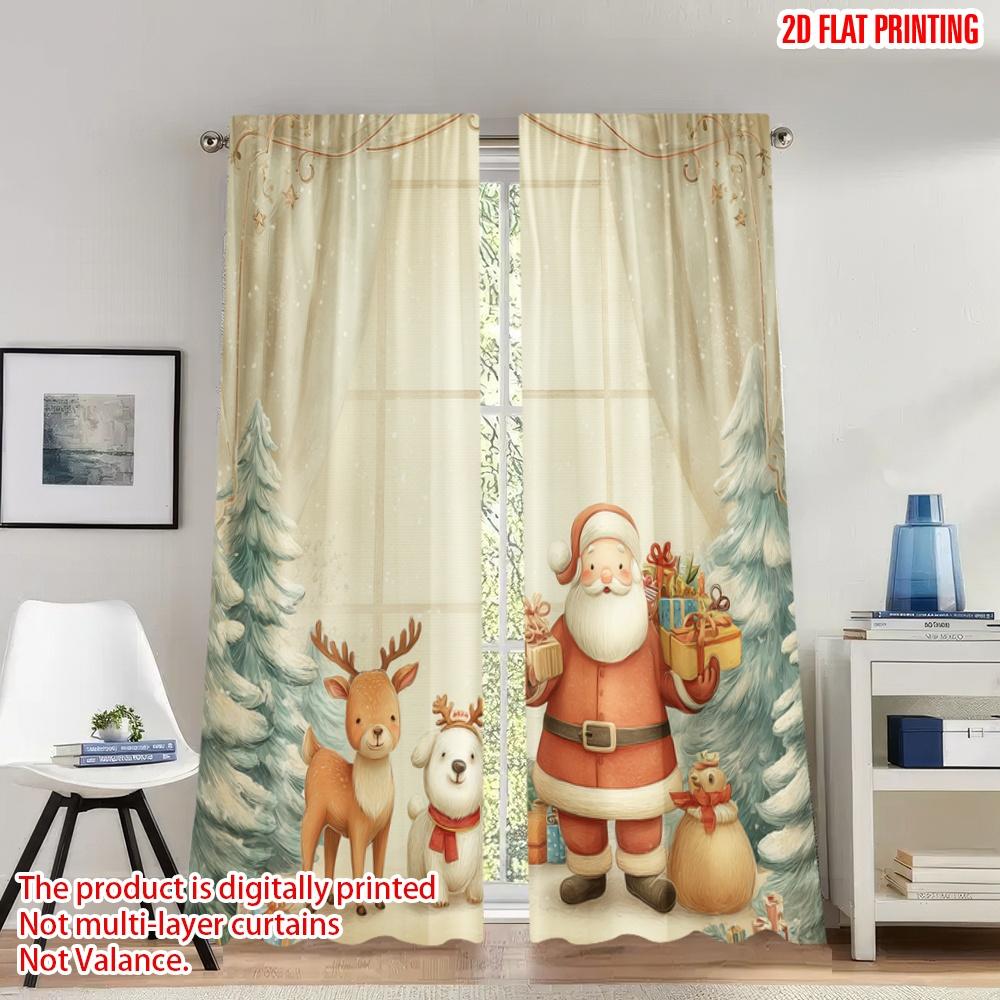 

Flat Printing Merry Christmas Curtains Reindeer Santa Claus Festive Digital Printed Polyester Drapes Curtain Set Of 2 Made Washable W100*H70(CM)-Hooks&1PCS
