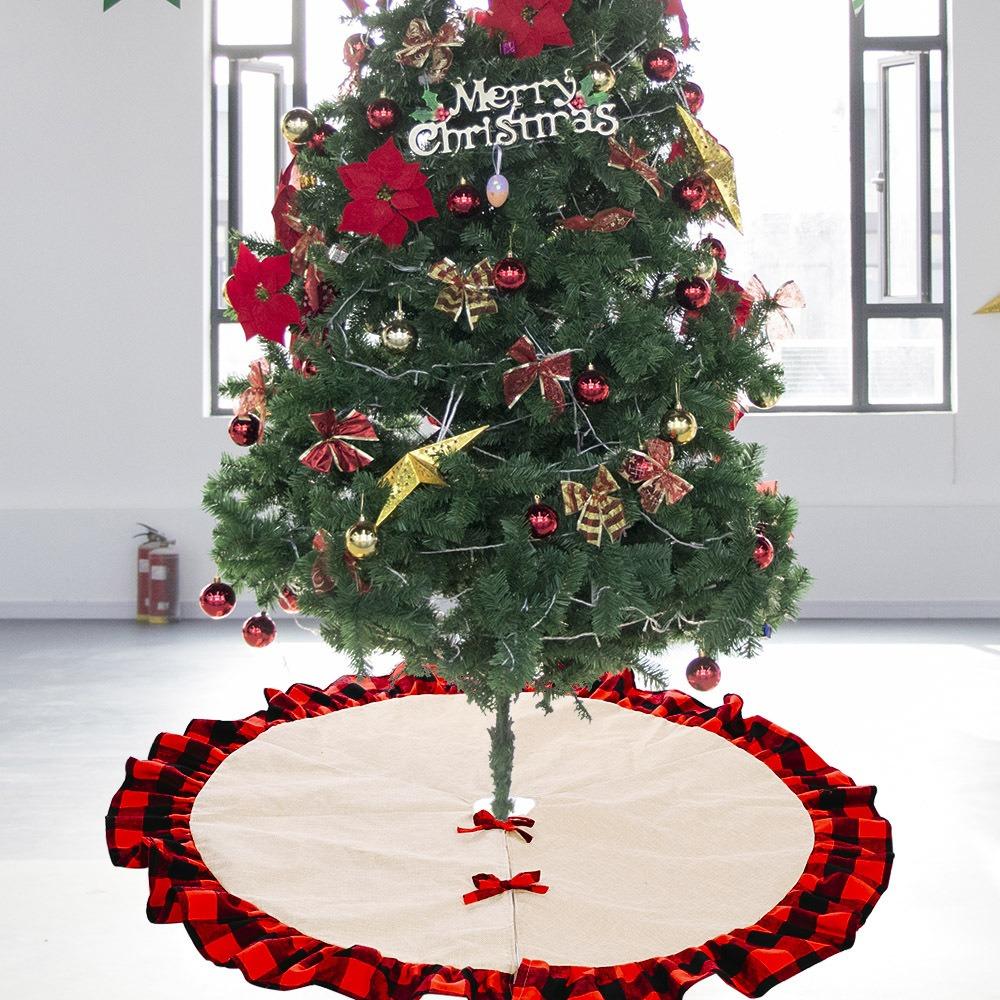Burlap Fall Tree Skirt with  Buffalo Plaid Ruffle Border Large Christmas Tree Mat 48 Inches for Halloween Fall Christmas Black White Decorations