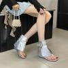 2025 new round head side zipper personalized toe wedge heel belt buckle high heel cool boots herringbone Roman sandals women's shoes